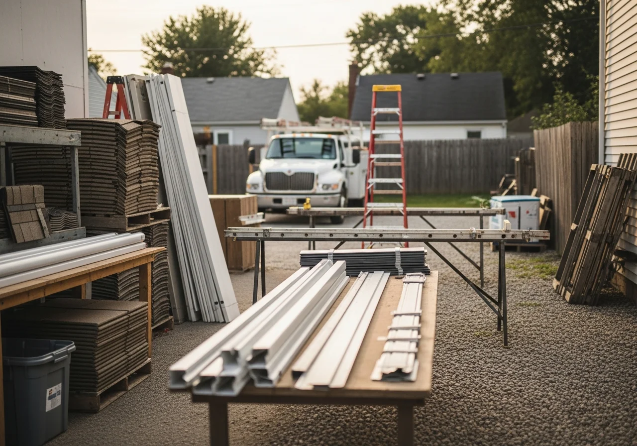 Exterior contractor crew with tools and equipment ready for residential roofing and siding installation.