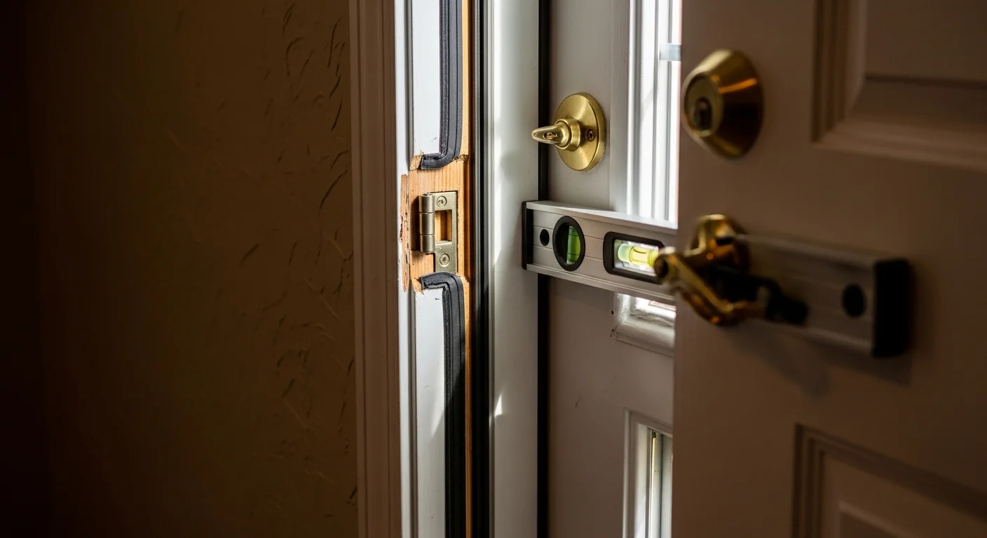 A Smart Exteriors technician repairing a door frame and hardware on a residential home in Dayton, Ohio.