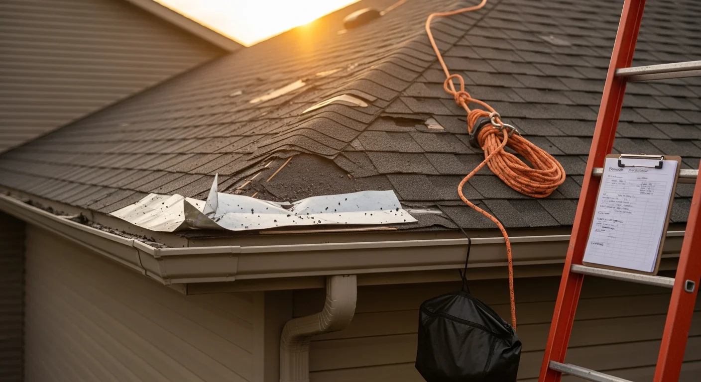 Emergency roof repair crew from Smart Exteriors tarping and securing a storm-damaged roof on a residential home in Dayton, Ohio.