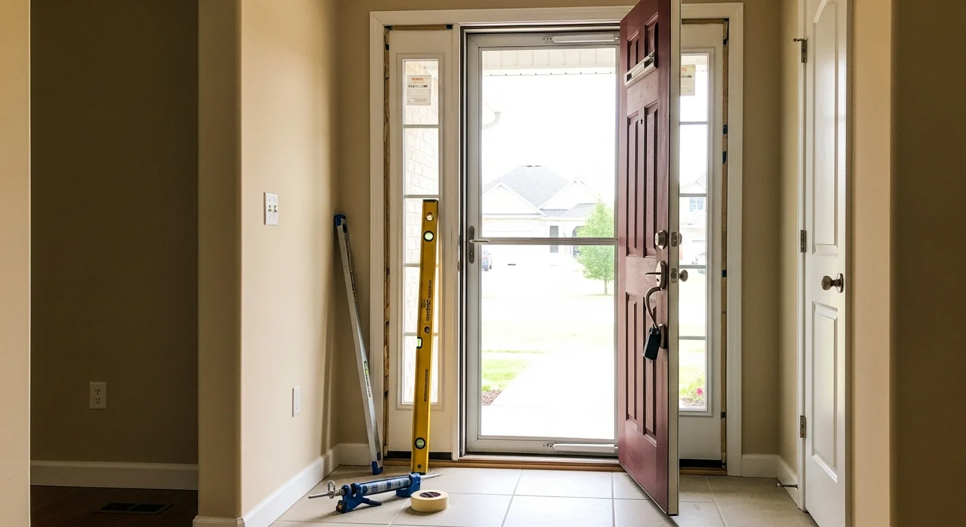 A Smart Exteriors crew installing a new entry door on a residential home in Dayton, Ohio, showing proper frame fit and weatherstripping.