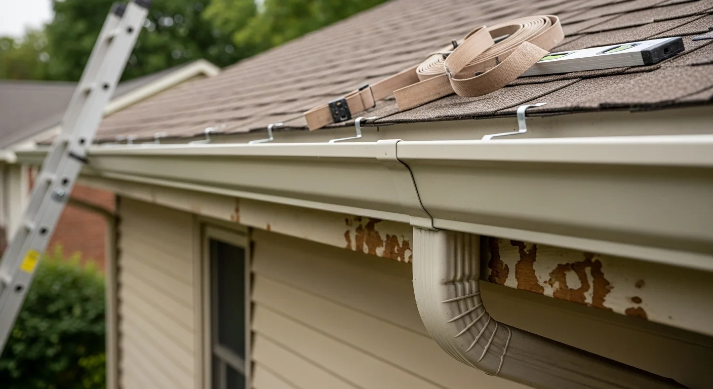 A Smart Exteriors crew installing new gutters on a residential home in Dayton, Ohio, showing clean fascia attachment and proper slope for drainage.