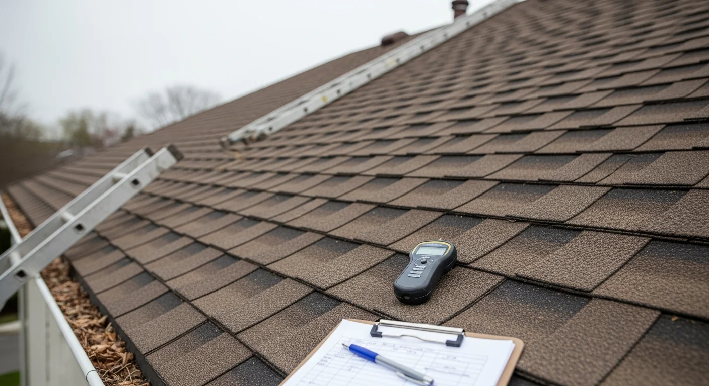 A roofing inspector from Smart Exteriors examining shingles and flashing on a residential roof in Dayton, Ohio.