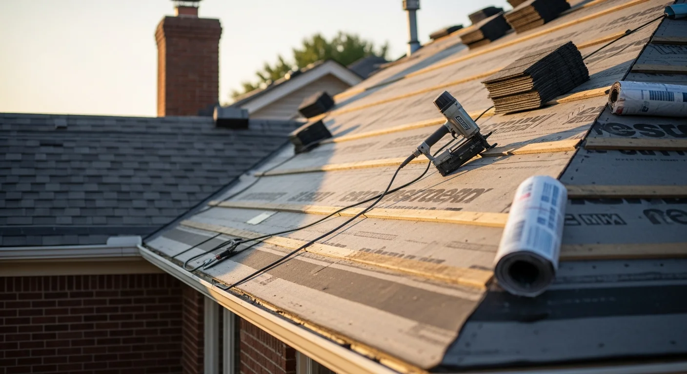 A newly completed roof installation on a single-family home in Dayton, Ohio, showing clean shingle lines, finished ridge cap, and properly sealed flashing around the chimney.