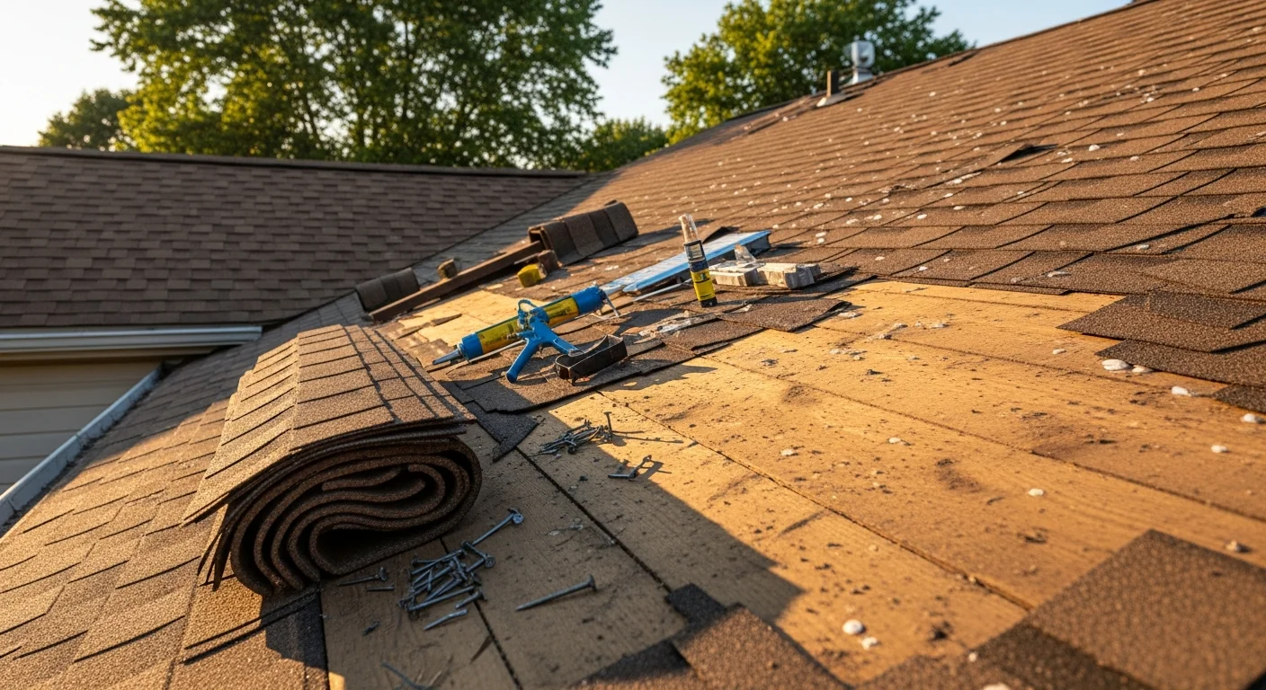 A roofing contractor from Smart Exteriors replacing damaged shingles on a residential home in Dayton, Ohio. Close-up view of repaired roof section showing new shingles and sealed flashing around a roof penetration.