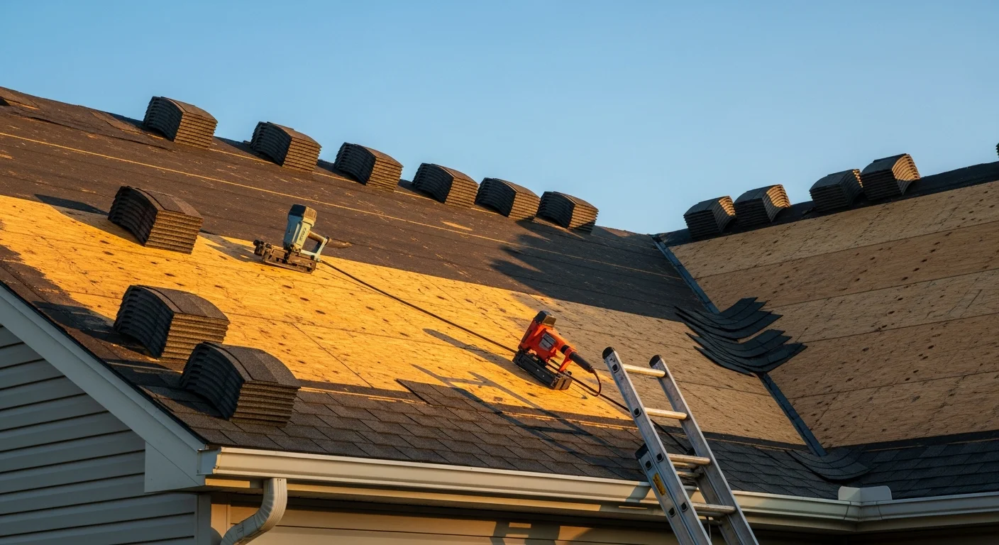 A completed roof replacement on a single-family home in Dayton, Ohio, showing new shingles, clean ridge line, and replaced flashing around roof penetrations.