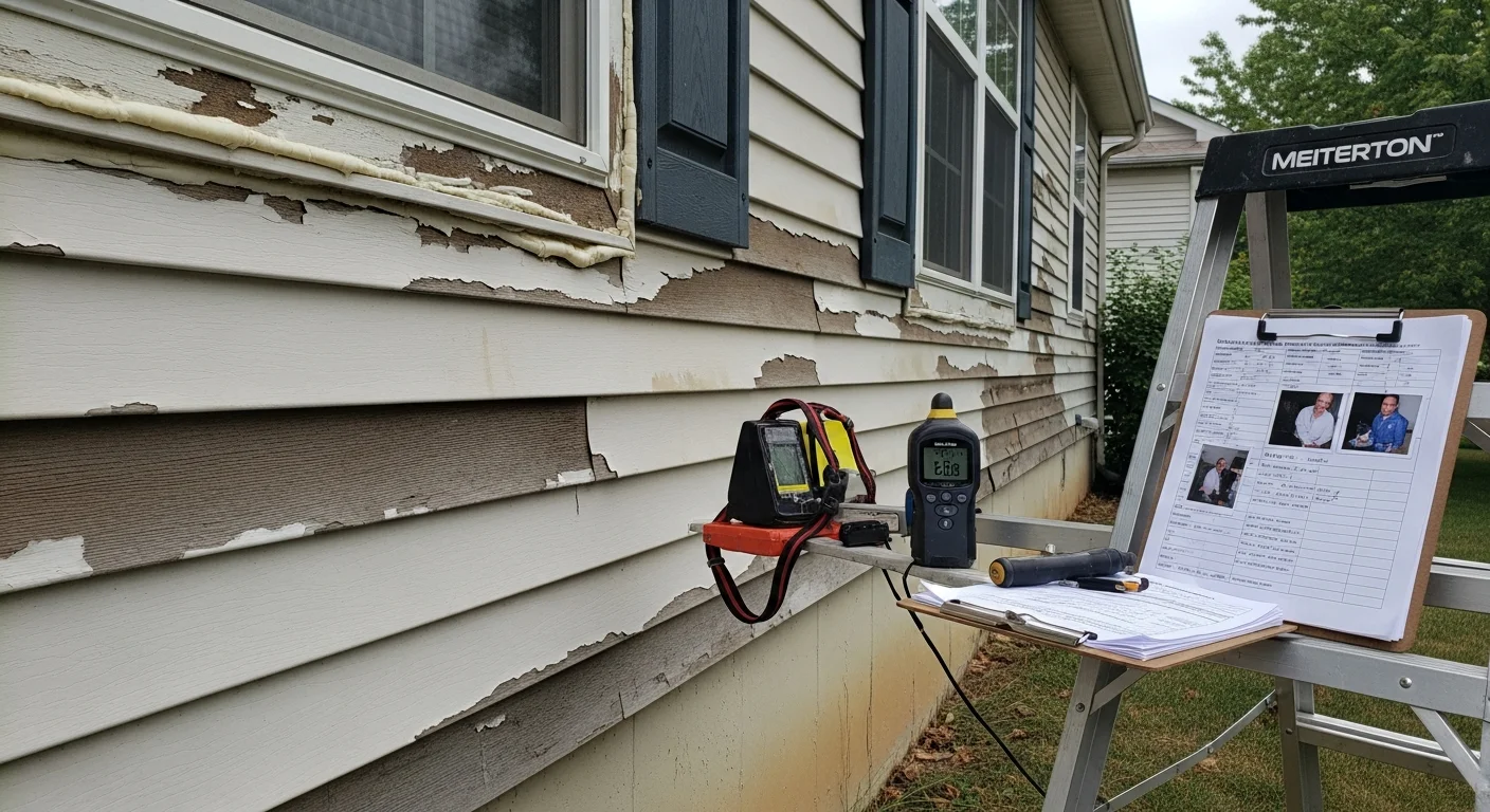 A Smart Exteriors inspector examining siding panels and trim on a residential home in Dayton, Ohio.