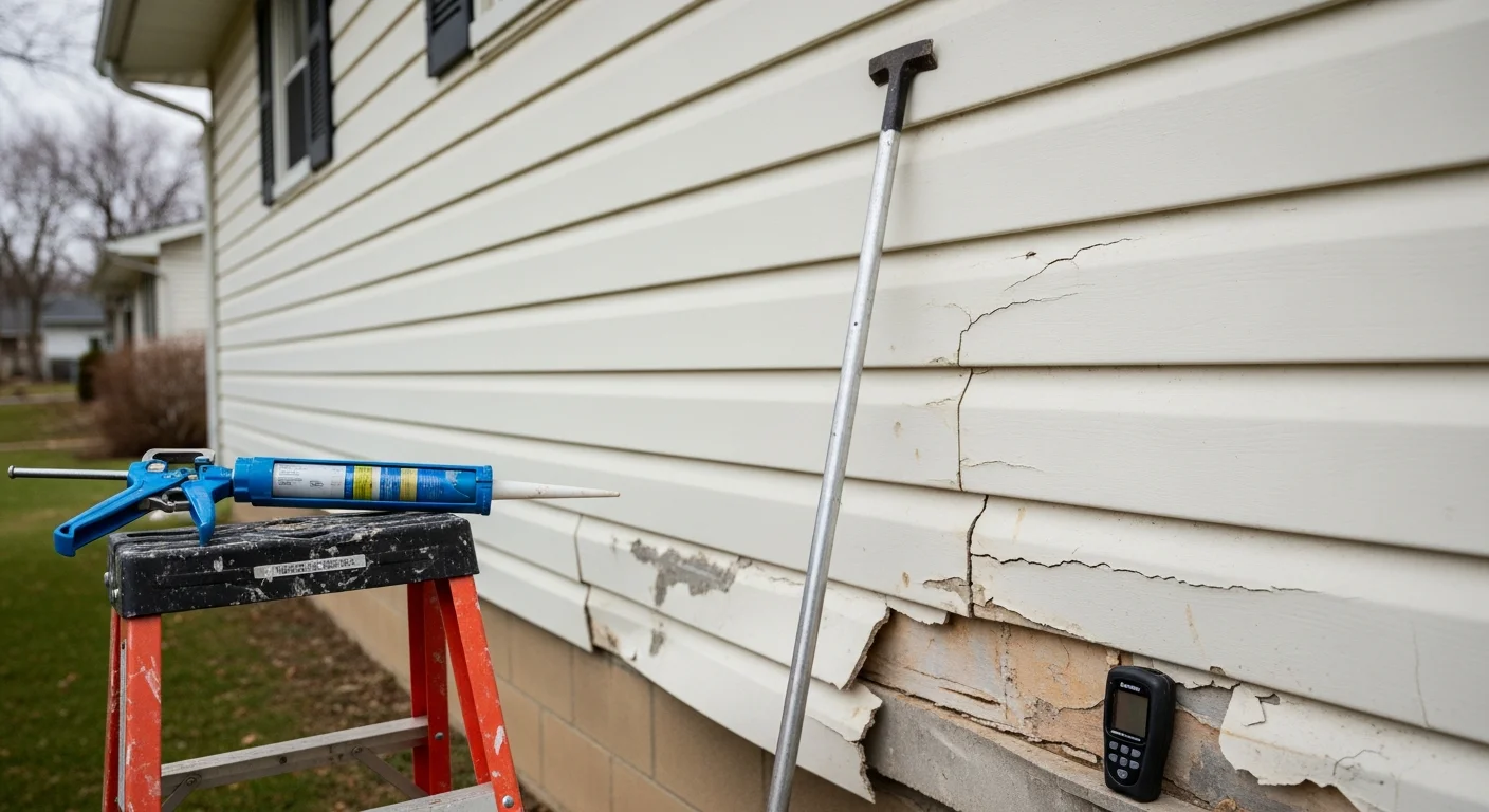A Smart Exteriors technician repairing damaged siding panels on a residential home in Dayton, Ohio.