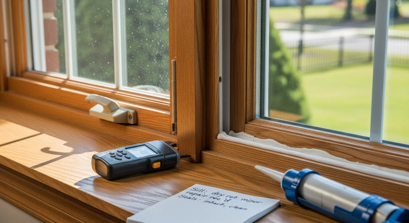 A Smart Exteriors inspector examining window seals and frames on a residential home in Dayton, Ohio.