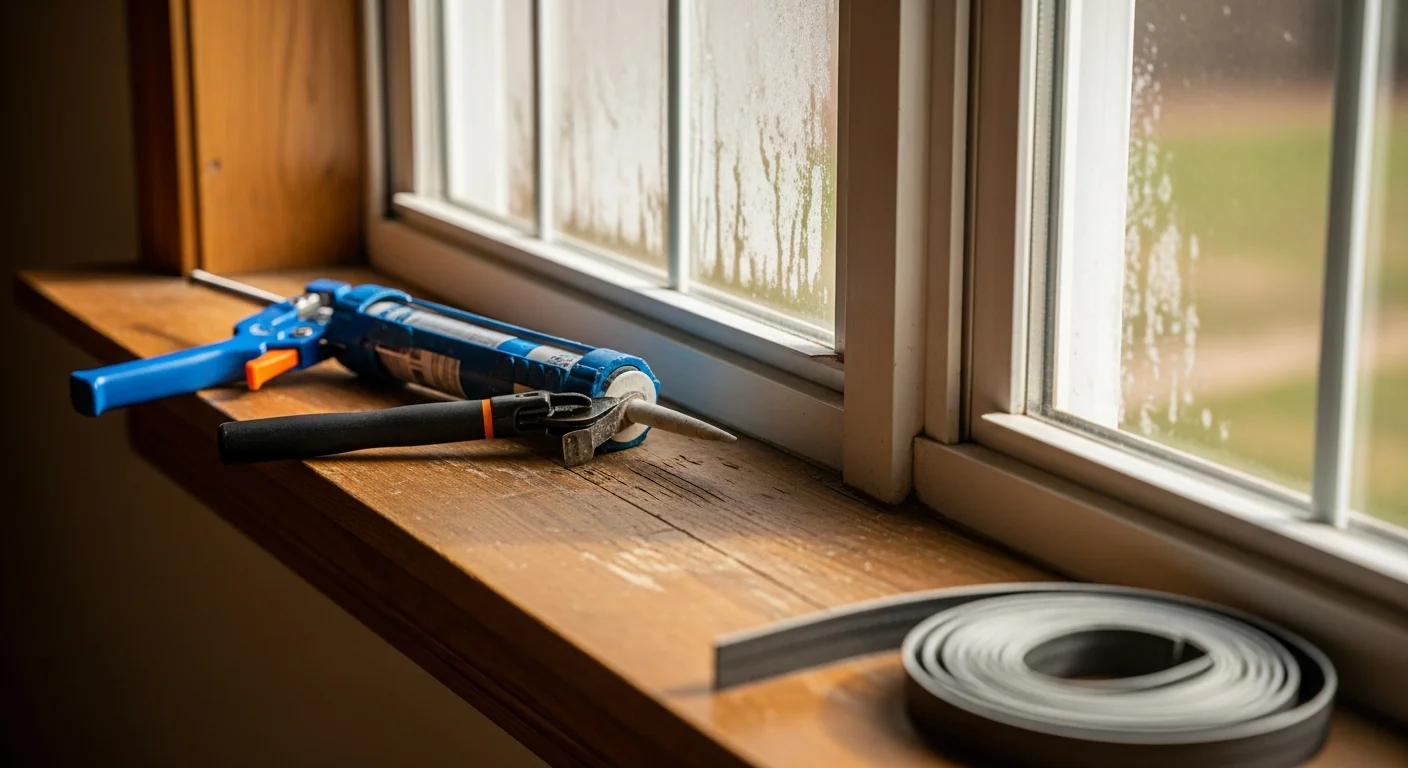 A Smart Exteriors technician repairing a window frame and seal on a residential home in Dayton, Ohio.